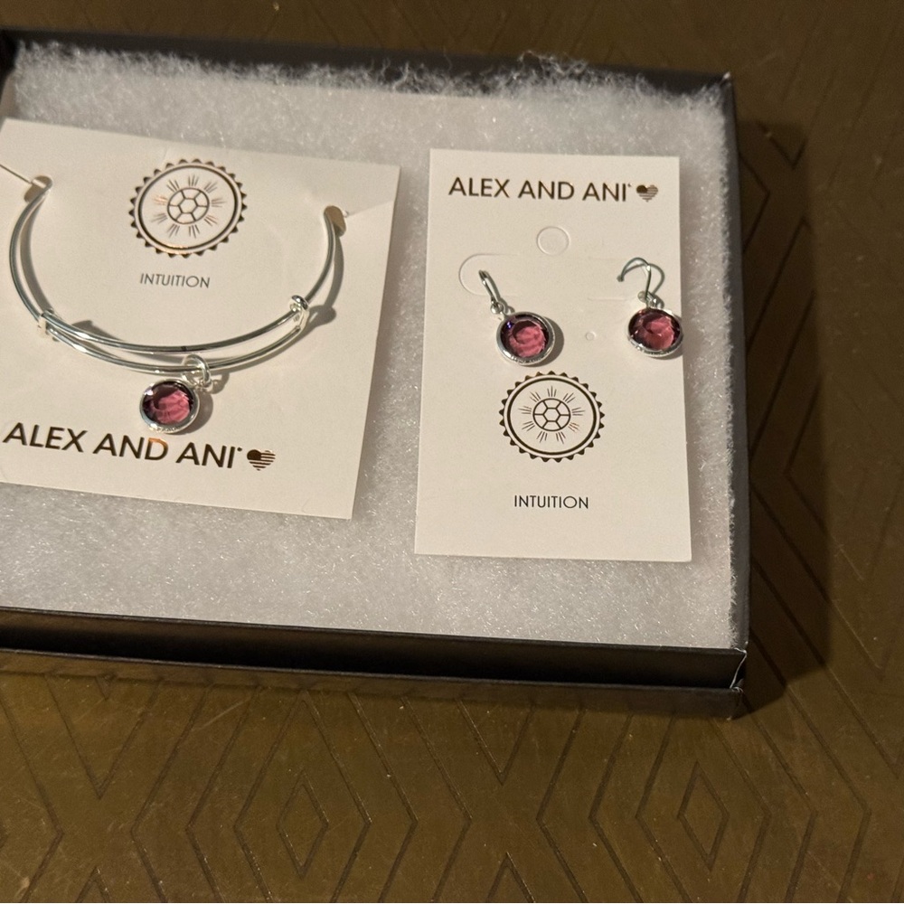 NWT Alex and Ani Silver Swarovski Amythyst Crystal Bracelet and Earring Set